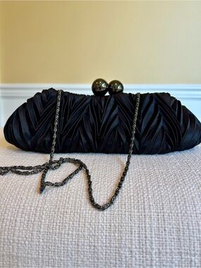 Cache Black Satin Ruched Clutch with Ball-Top Clasp and Chain